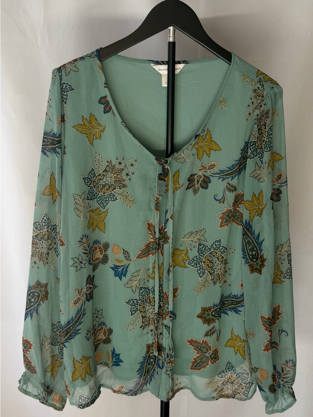 Christopher & Banks Mint Green Paisley Tie-Front Blouse Size Large Like New